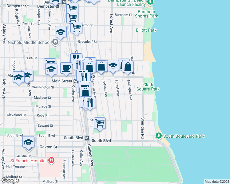 map of restaurants, bars, coffee shops, grocery stores, and more near 316 1/2 Main Street in Evanston