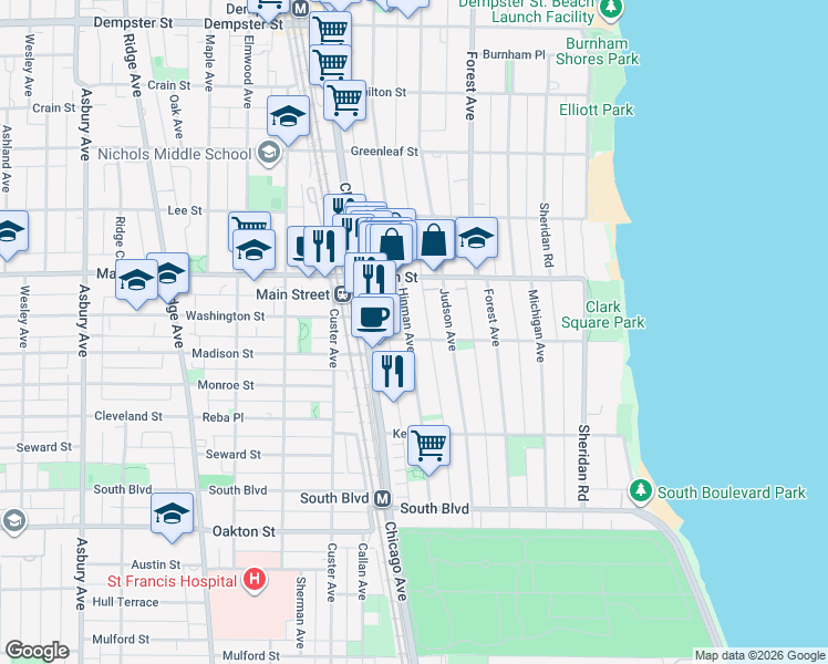 map of restaurants, bars, coffee shops, grocery stores, and more near 801 Hinman Avenue in Evanston