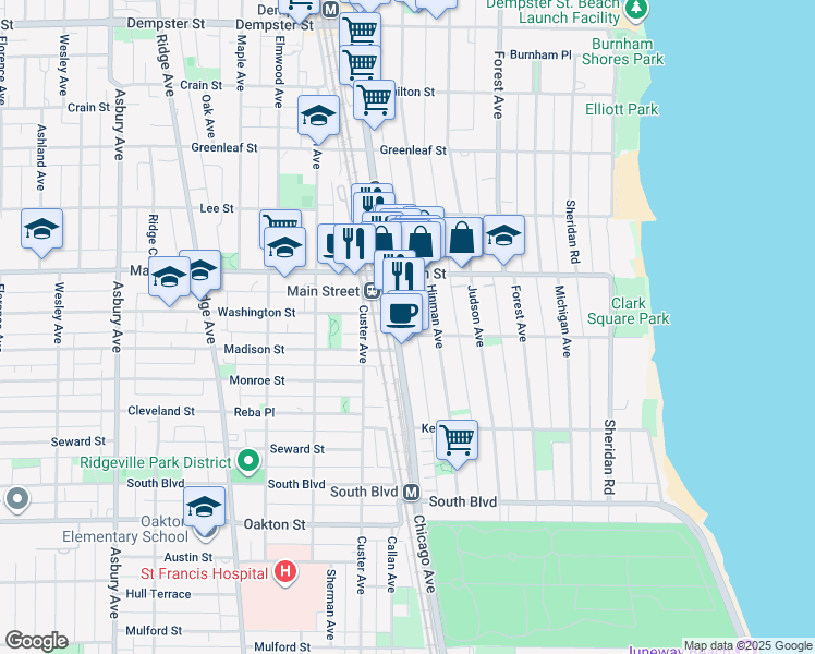 map of restaurants, bars, coffee shops, grocery stores, and more near 525 Kedzie Street in Evanston