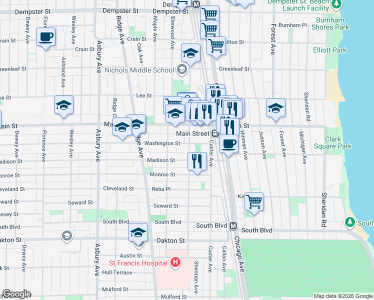 map of restaurants, bars, coffee shops, grocery stores, and more near 822 Sherman Avenue in Evanston