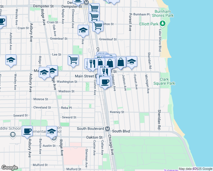 map of restaurants, bars, coffee shops, grocery stores, and more near 822 Hinman Avenue in Evanston