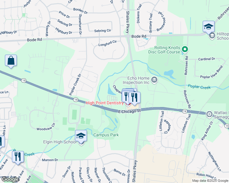 map of restaurants, bars, coffee shops, grocery stores, and more near 306 Chaparral Circle in Elgin