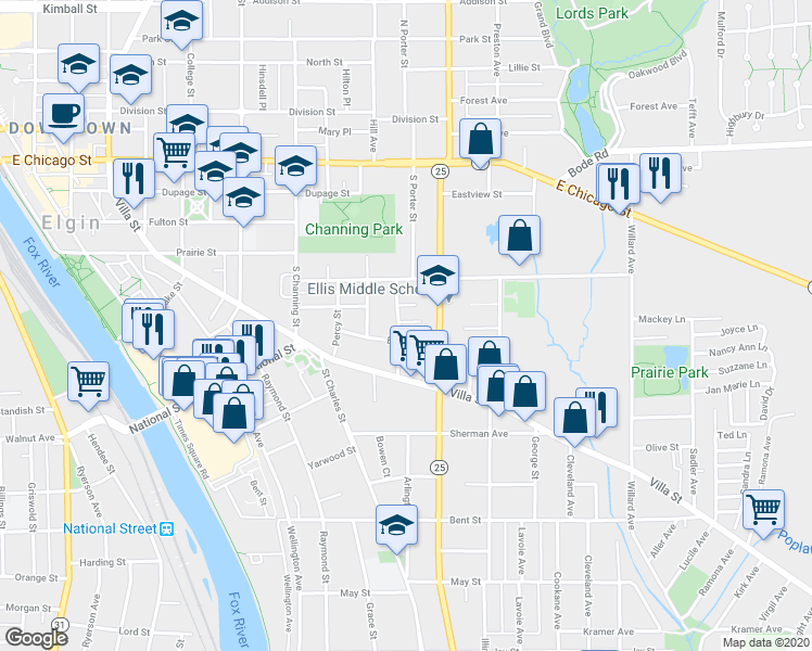 map of restaurants, bars, coffee shops, grocery stores, and more near 529 Levine Court in Elgin