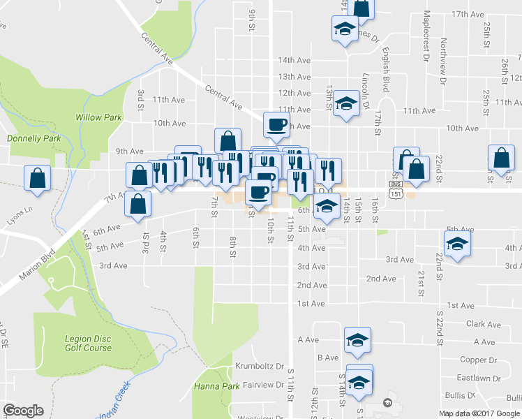 map of restaurants, bars, coffee shops, grocery stores, and more near 950 6th Avenue in Marion