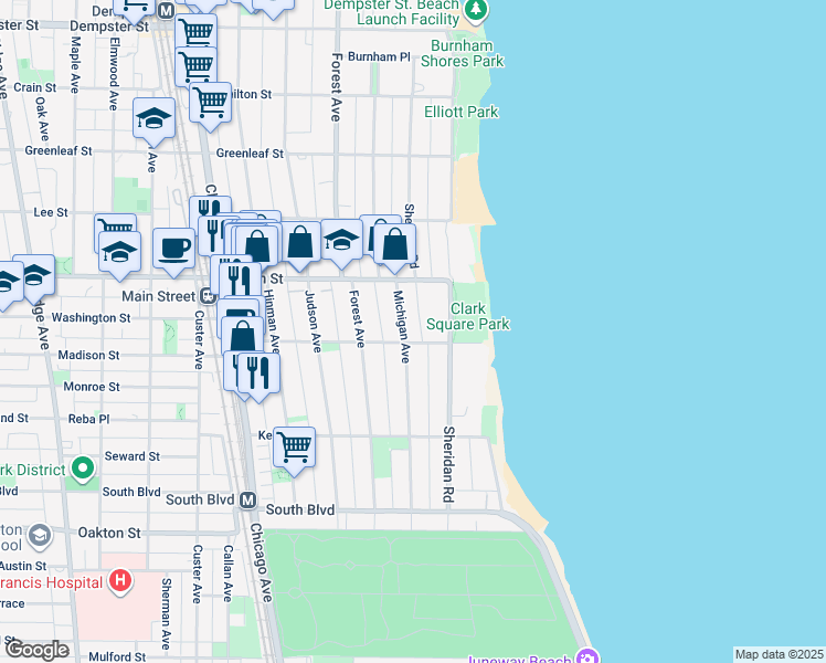 map of restaurants, bars, coffee shops, grocery stores, and more near 823 Michigan Avenue in Evanston