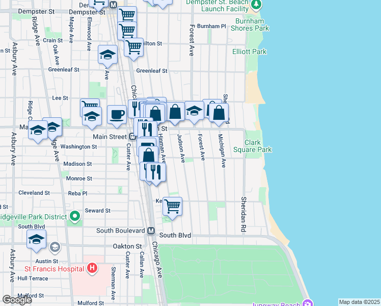 map of restaurants, bars, coffee shops, grocery stores, and more near 316 1/2 Main Street in Evanston