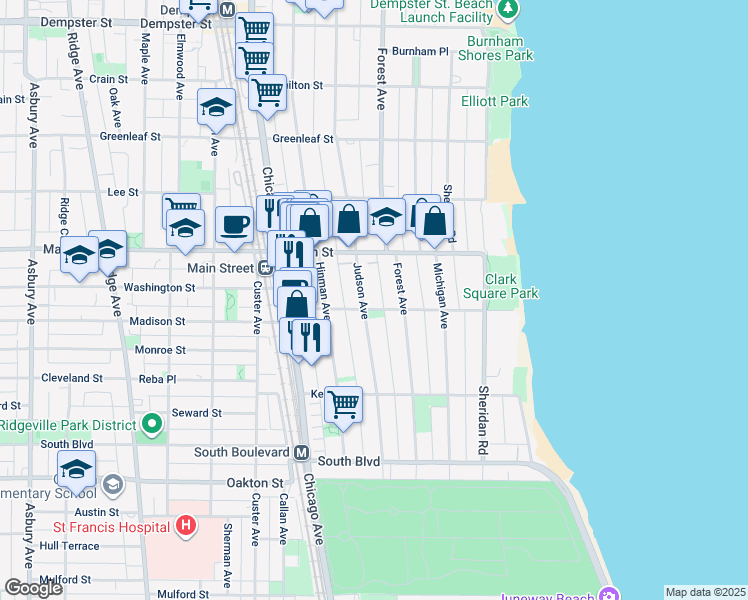 map of restaurants, bars, coffee shops, grocery stores, and more near 316 1/2 Main Street in Evanston