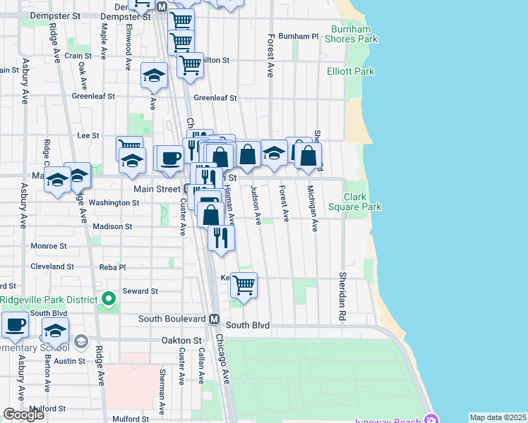map of restaurants, bars, coffee shops, grocery stores, and more near 316 1/2 Main Street in Evanston
