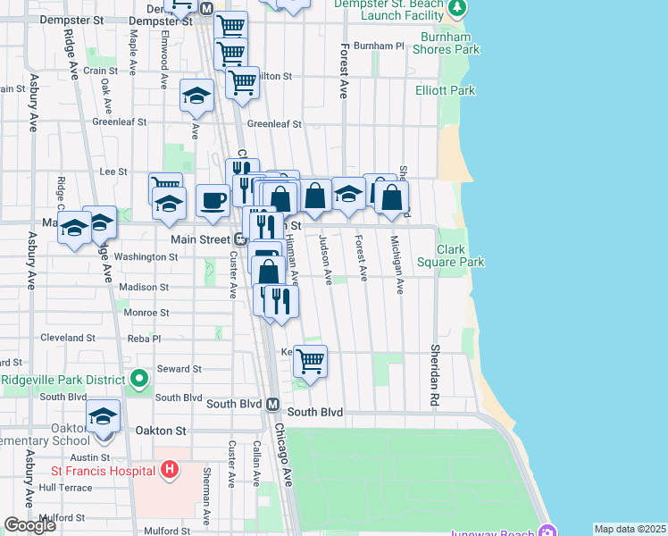 map of restaurants, bars, coffee shops, grocery stores, and more near 316 1/2 Main Street in Evanston