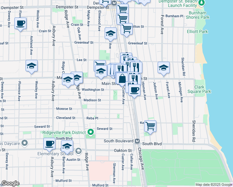 map of restaurants, bars, coffee shops, grocery stores, and more near 715 Washington Street in Evanston