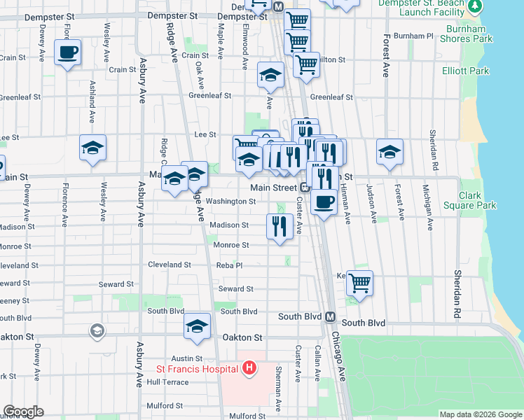 map of restaurants, bars, coffee shops, grocery stores, and more near 822 Sherman Avenue in Evanston