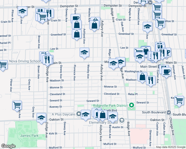 map of restaurants, bars, coffee shops, grocery stores, and more near 1331 Washington Street in Evanston