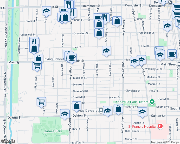 map of restaurants, bars, coffee shops, grocery stores, and more near 1625 Washington Street in Evanston