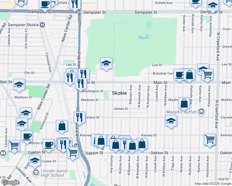 map of restaurants, bars, coffee shops, grocery stores, and more near 8338 Kenton Avenue in Skokie