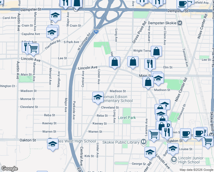 map of restaurants, bars, coffee shops, grocery stores, and more near 5428 Washington Street in Morton Grove