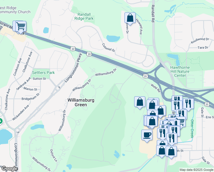 map of restaurants, bars, coffee shops, grocery stores, and more near 37W396 Maryhill Lane in Elgin