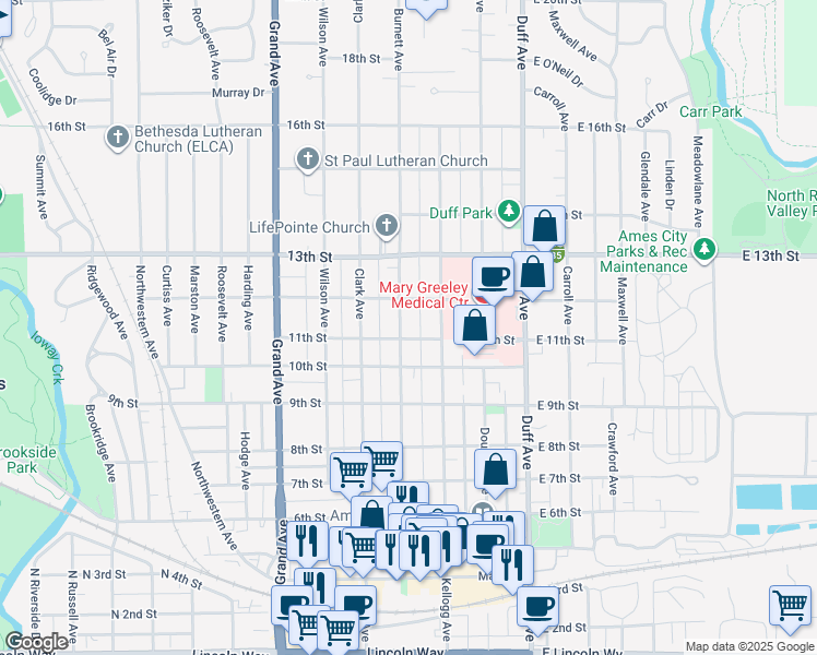 map of restaurants, bars, coffee shops, grocery stores, and more near 318 12th Street in Ames