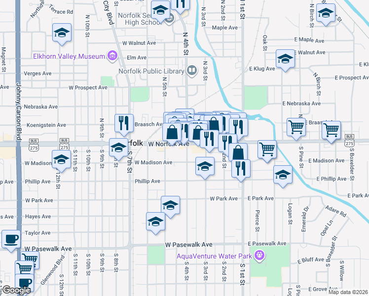map of restaurants, bars, coffee shops, grocery stores, and more near 108 North 4th Street in Norfolk