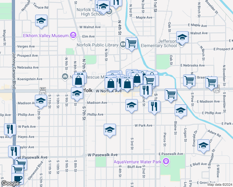 map of restaurants, bars, coffee shops, grocery stores, and more near 430 W Norfolk Ave in Norfolk