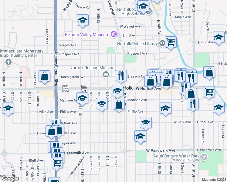map of restaurants, bars, coffee shops, grocery stores, and more near 803 West Norfolk Avenue in Norfolk