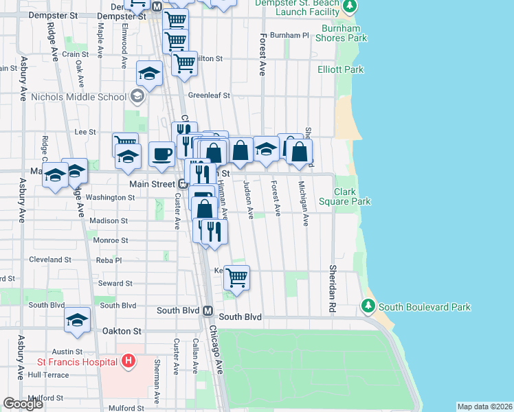 map of restaurants, bars, coffee shops, grocery stores, and more near 316 1/2 Main Street in Evanston