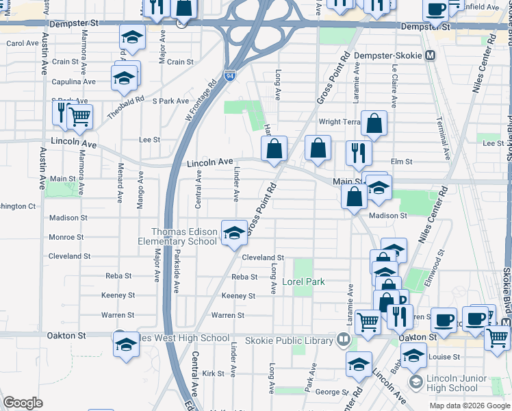map of restaurants, bars, coffee shops, grocery stores, and more near 5428 Washington Street in Morton Grove