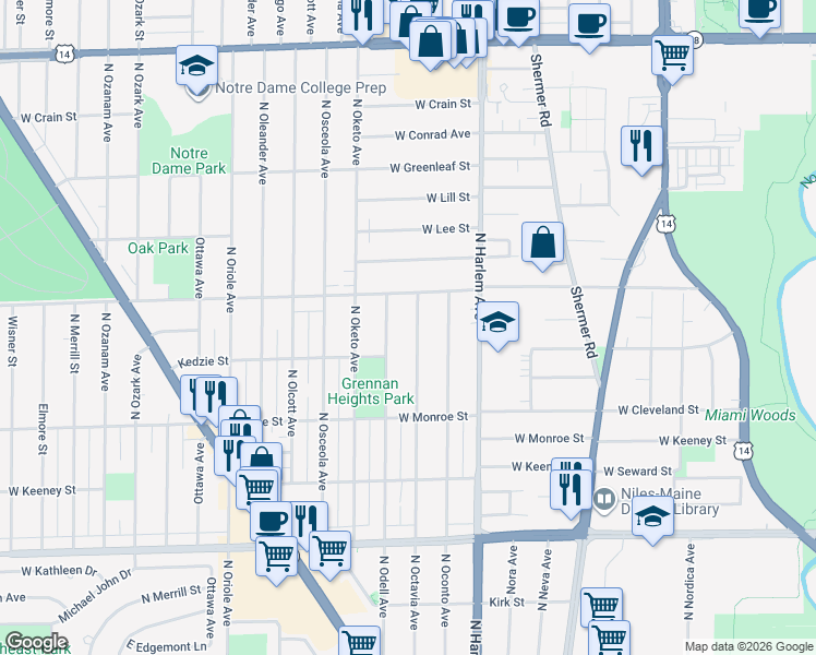 map of restaurants, bars, coffee shops, grocery stores, and more near 8353 North Octavia Avenue in Niles