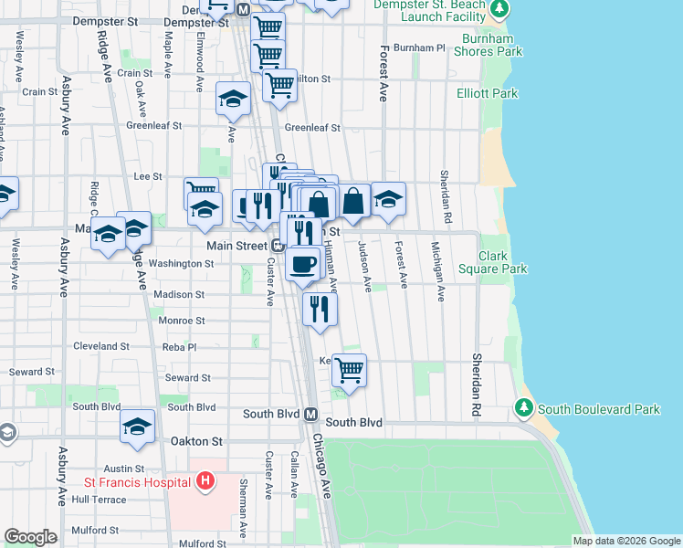 map of restaurants, bars, coffee shops, grocery stores, and more near 801 Hinman Avenue in Evanston