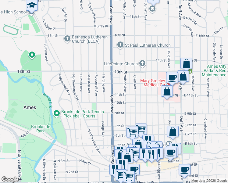 map of restaurants, bars, coffee shops, grocery stores, and more near 620 12th Street in Ames