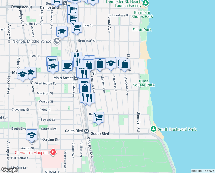map of restaurants, bars, coffee shops, grocery stores, and more near 325 Kedzie Street in Evanston