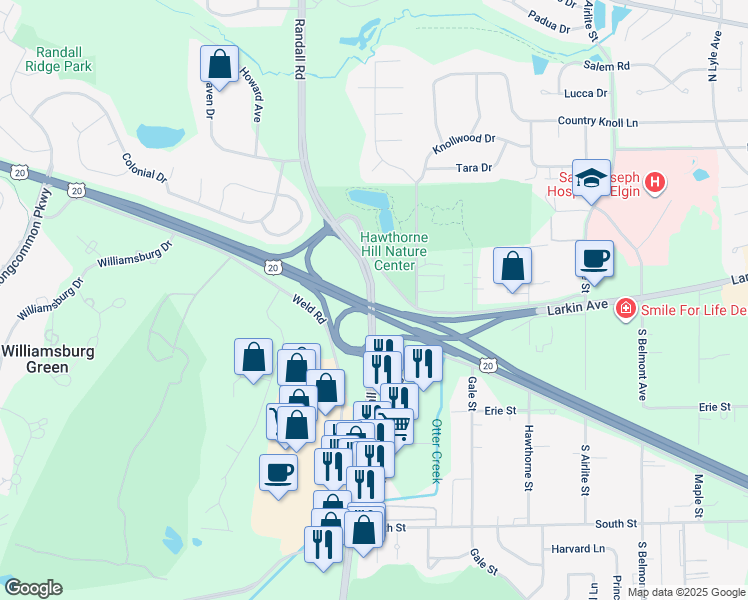 map of restaurants, bars, coffee shops, grocery stores, and more near 101 South Randall Road in Elgin
