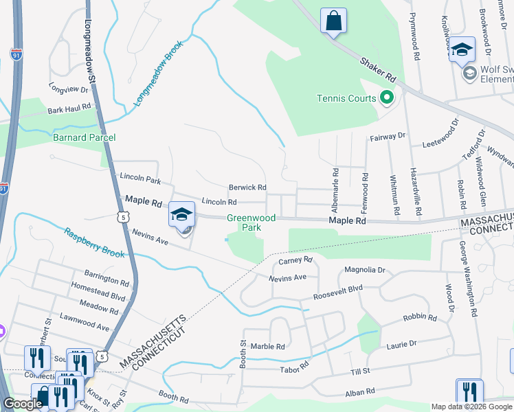 map of restaurants, bars, coffee shops, grocery stores, and more near 45 Franklin Road in Longmeadow