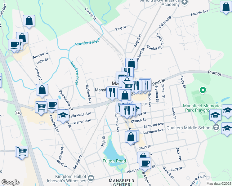 map of restaurants, bars, coffee shops, grocery stores, and more near 1 Crocker Street in Mansfield