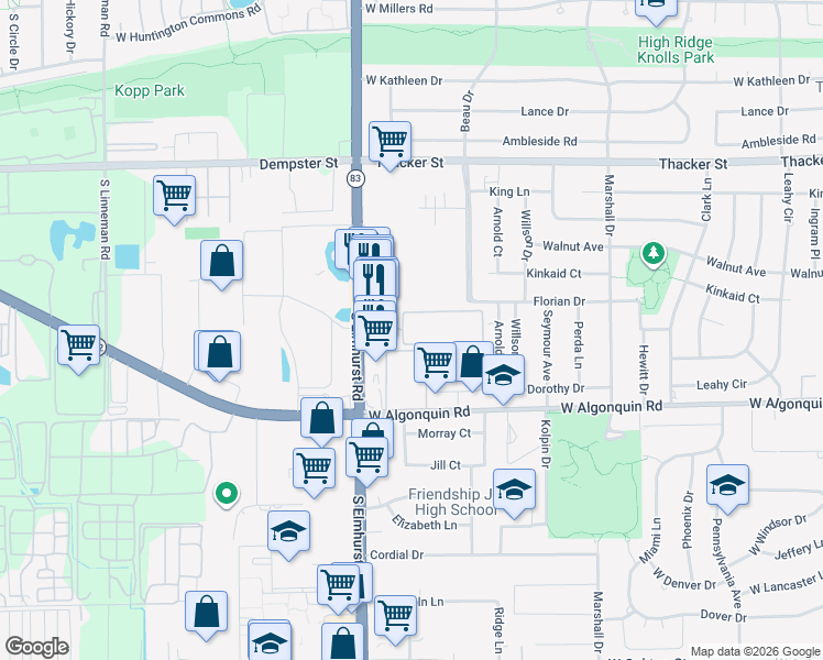 map of restaurants, bars, coffee shops, grocery stores, and more near 760 Holiday Lane in Des Plaines