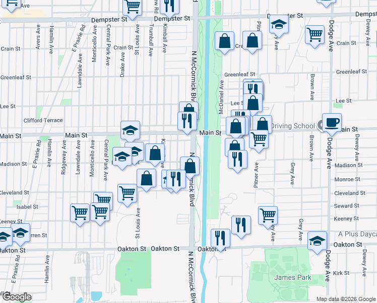 map of restaurants, bars, coffee shops, grocery stores, and more near 8332 McCormick Boulevard in Skokie