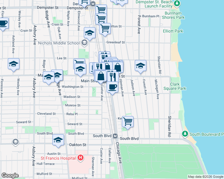 map of restaurants, bars, coffee shops, grocery stores, and more near 811 Chicago Avenue in Evanston