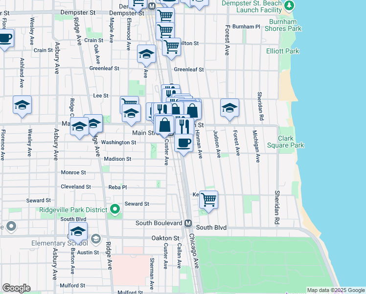 map of restaurants, bars, coffee shops, grocery stores, and more near in Evanston