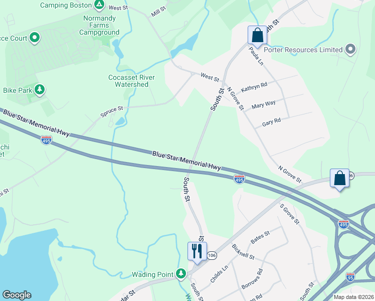 map of restaurants, bars, coffee shops, grocery stores, and more near 421 South Street in Foxborough