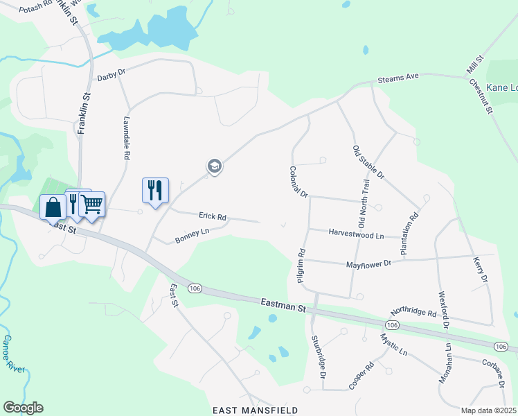 map of restaurants, bars, coffee shops, grocery stores, and more near 10 Erick Road in Mansfield