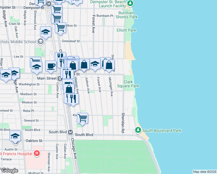 map of restaurants, bars, coffee shops, grocery stores, and more near 821 Forest Avenue in Evanston