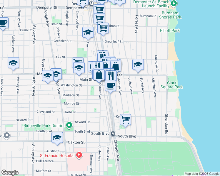 map of restaurants, bars, coffee shops, grocery stores, and more near in Evanston
