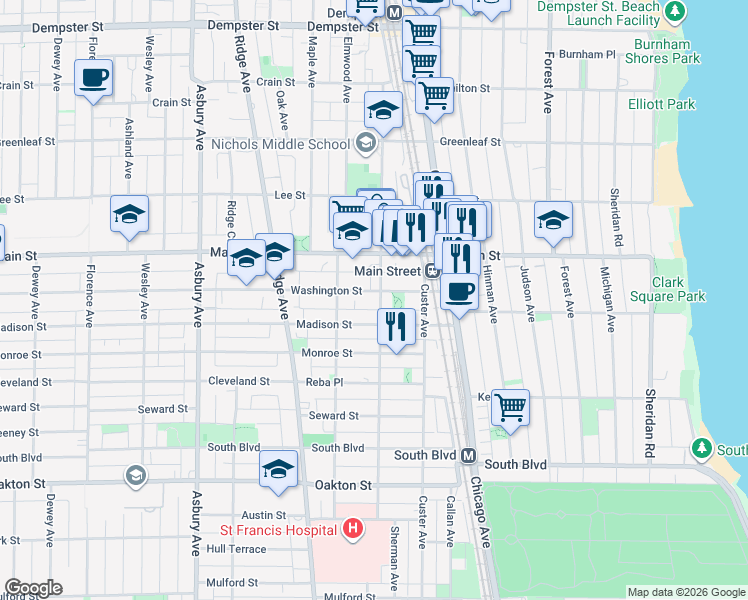 map of restaurants, bars, coffee shops, grocery stores, and more near 822 Sherman Avenue in Evanston