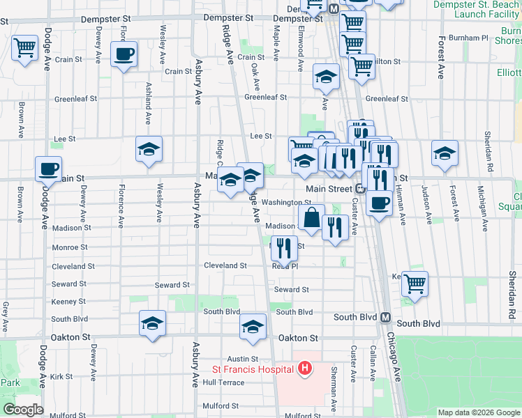 map of restaurants, bars, coffee shops, grocery stores, and more near 929 Washington Street in Evanston