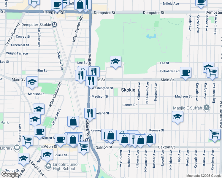 map of restaurants, bars, coffee shops, grocery stores, and more near 4636 Washington Street in Skokie
