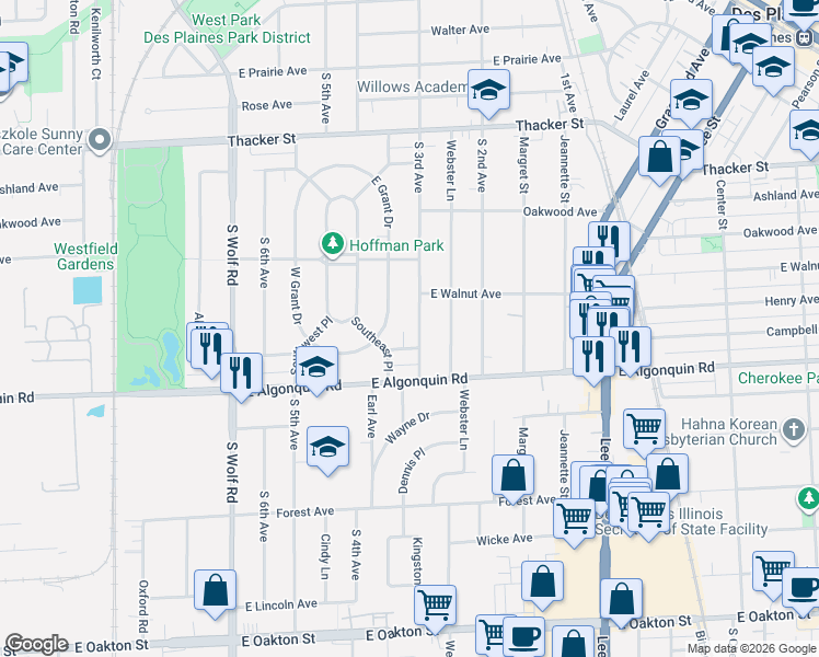 map of restaurants, bars, coffee shops, grocery stores, and more near 1093 South 3rd Avenue in Des Plaines