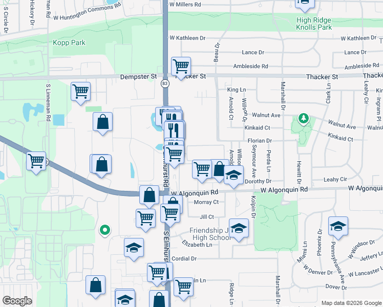 map of restaurants, bars, coffee shops, grocery stores, and more near 760 Holiday Lane in Des Plaines