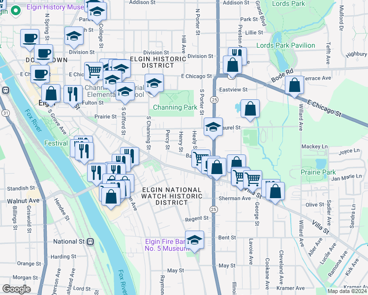 map of restaurants, bars, coffee shops, grocery stores, and more near 217 Henry Street in Elgin