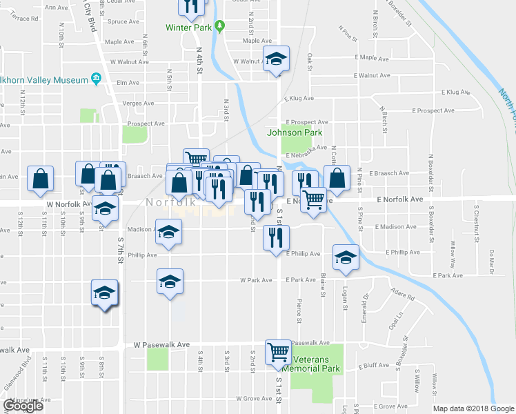 map of restaurants, bars, coffee shops, grocery stores, and more near 124 West Norfolk Avenue in Norfolk