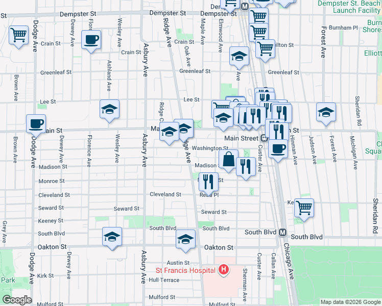 map of restaurants, bars, coffee shops, grocery stores, and more near 929 Washington Street in Evanston
