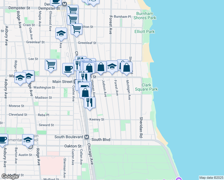 map of restaurants, bars, coffee shops, grocery stores, and more near 808 Forest Avenue in Evanston